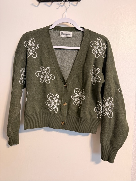 No Boundaries Sweaters - No Boundaries Olive Green Cardigan with White Floral Embroidery